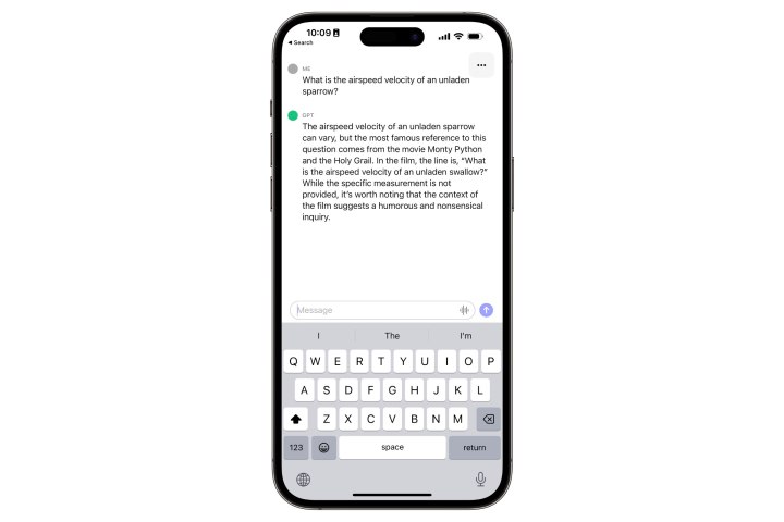 يتم سؤال ChatGPT على iPhone عن سرعة السنونو غير المحمل.