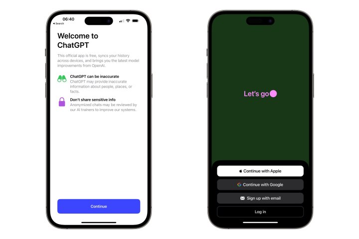 ChatGPT على شاشات الترحيب وتسجيل الدخول على iPhone.