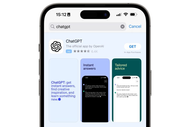 صفحة ChatGPT في نتائج بحث متجر تطبيقات iPhone.
