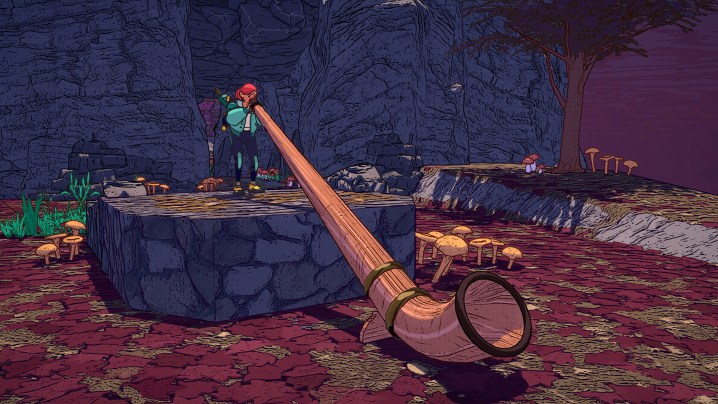 الشخصية الرئيسية في Dungeons of Hinterberg تنفخ في قرن عملاق.
