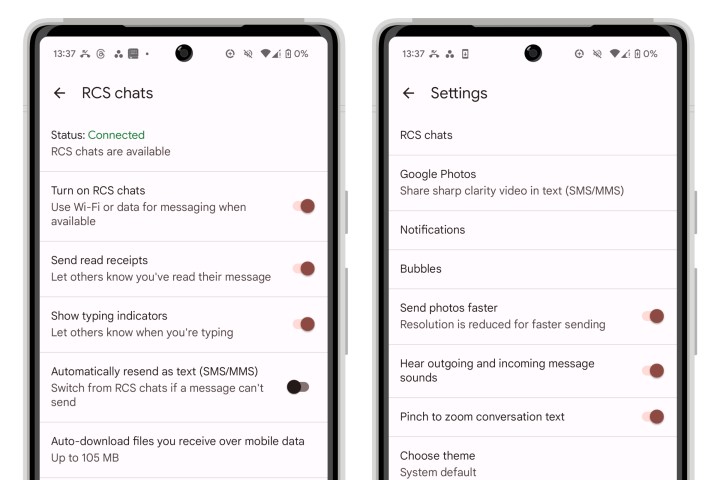 هاتفان Pixel 6 يعرضان إعدادات دردشة RCS في تطبيق رسائل Google.
