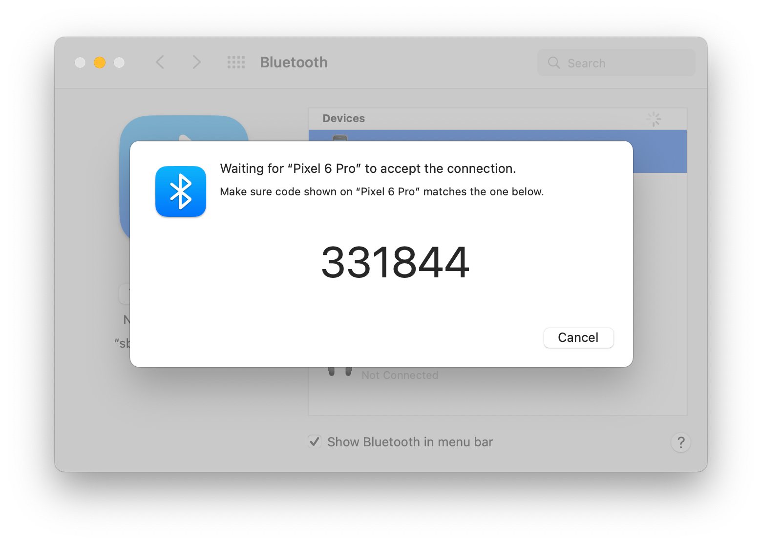 لقطة شاشة لاتصال Bluetooth على نظام Mac