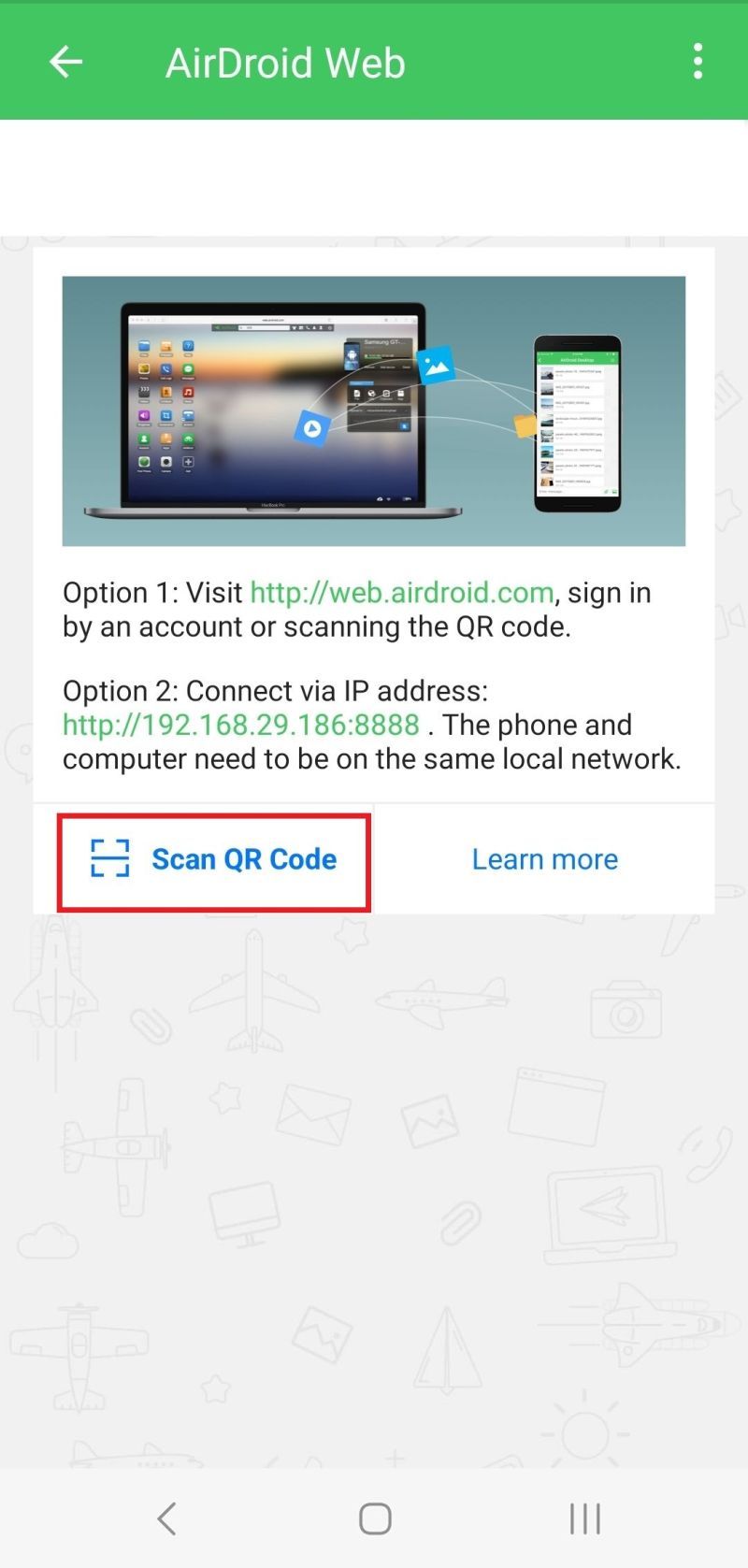 لقطة شاشة لخيار مسح رمز الاستجابة السريعة في airdroid