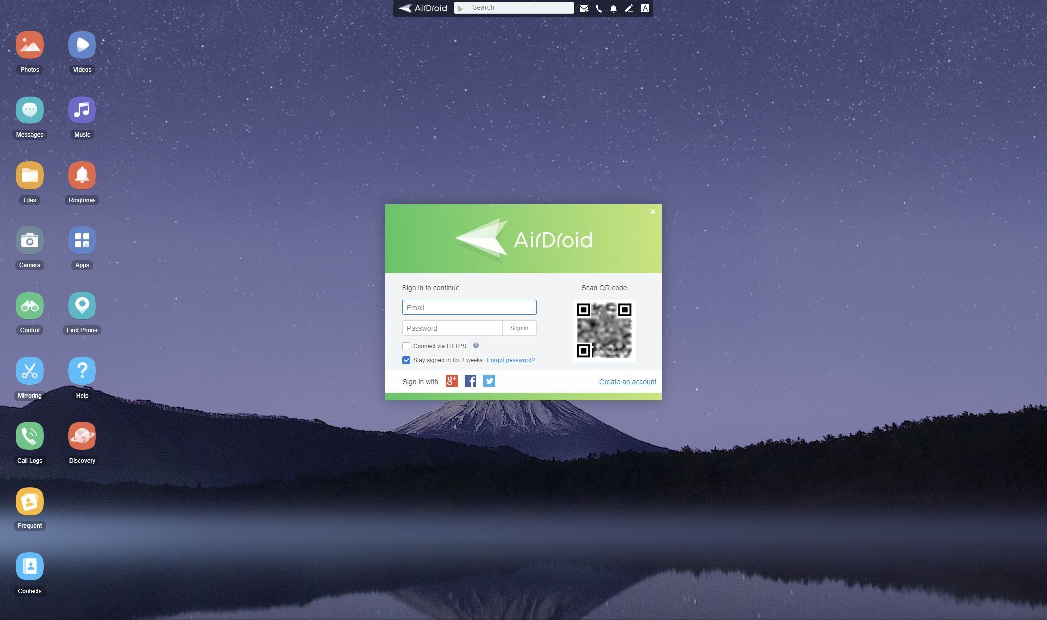 لقطة شاشة لخيار مسح رمز الاستجابة السريعة في AirDroid