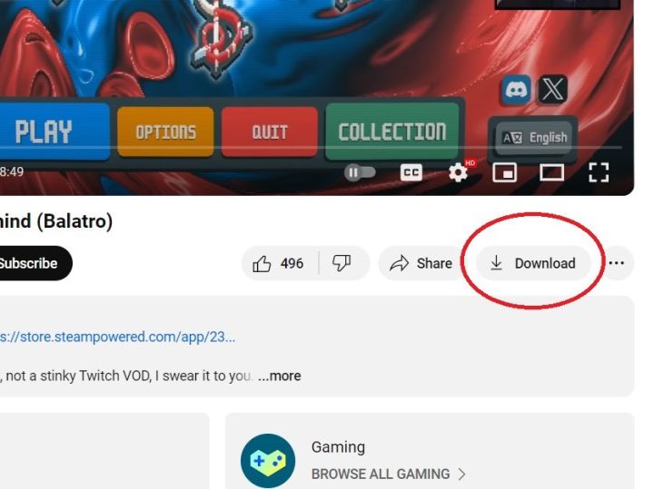 يوجد زر التنزيل على YouTube أسفل الفيديو على الجانب الأيمن.