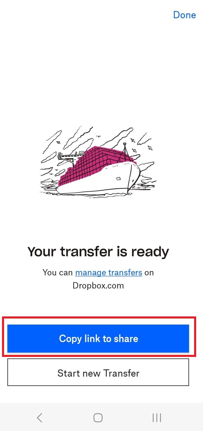 لقطة شاشة لخيار نسخ الرابط للمشاركة في Dropbox