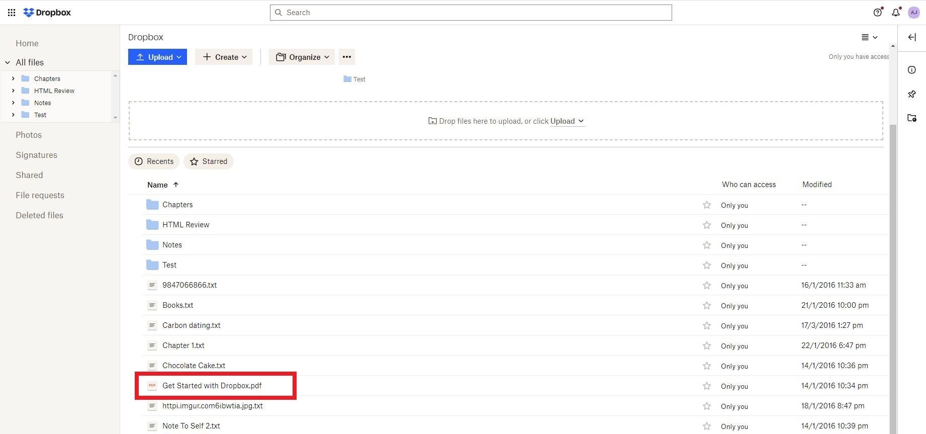لقطة شاشة لموقع Dropbox لسطح المكتب
