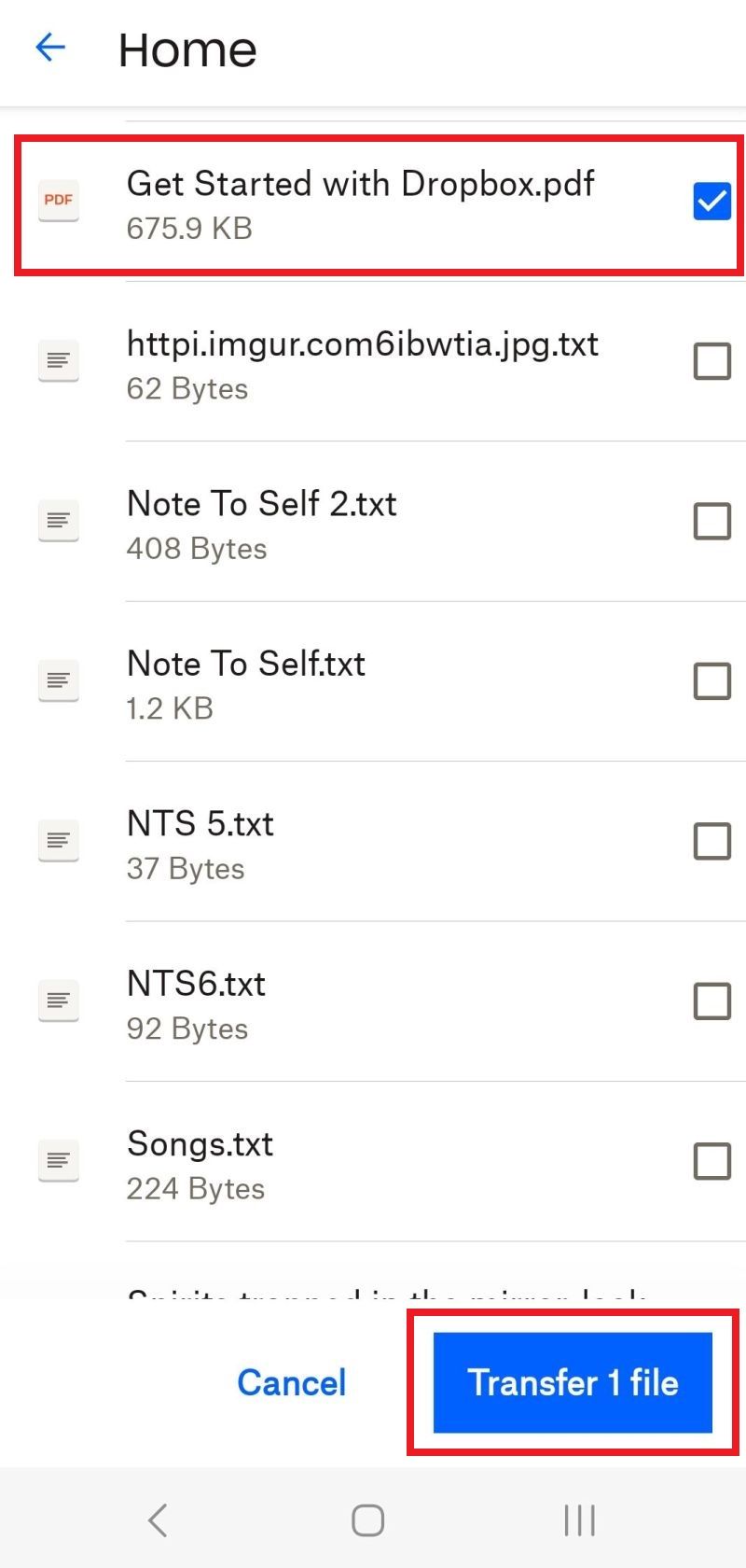 لقطة شاشة لخيار نقل الملف في Dropbox
