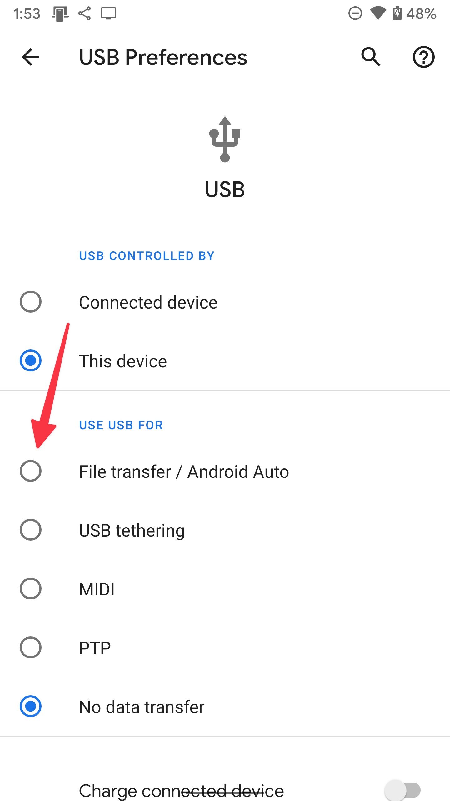 لقطة شاشة لنقل الملفات من جهاز Android عبر USB