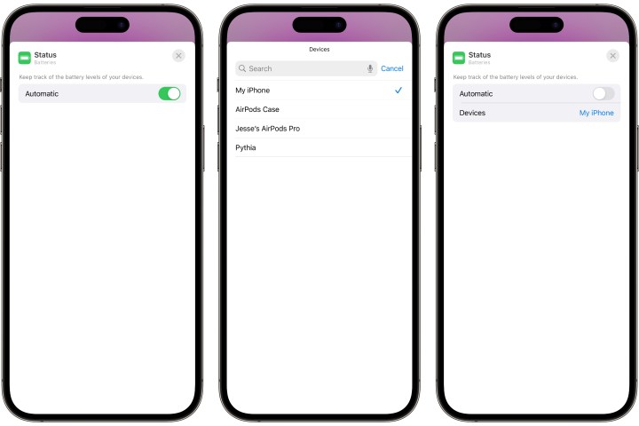 ثلاثة أجهزة iPhone تعرض خطوات لتحرير إعدادات أداة البطاريات على شاشة القفل في iOS 17.
