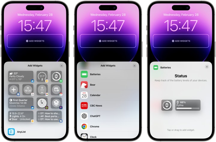 ثلاثة أجهزة iPhone تعرض خطوات لإضافة أداة جديدة إلى شاشة القفل في iOS 17.