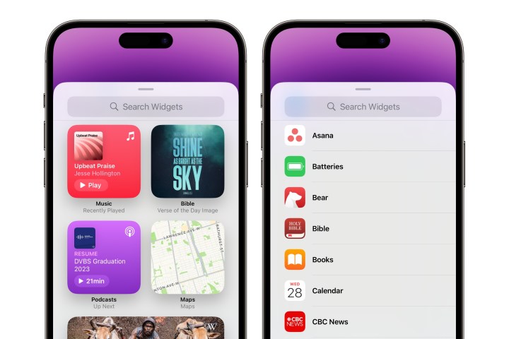 جهازا iPhone يعرضان خطوات إضافة أداة جديدة إلى الشاشة الرئيسية في iOS 17.