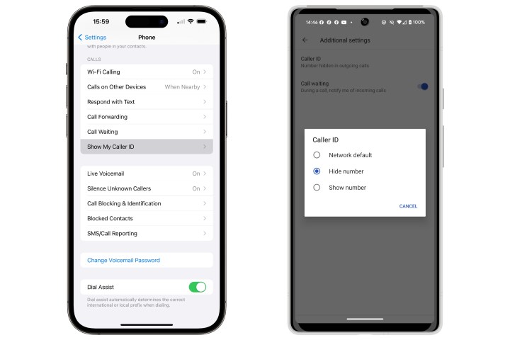 iPhone 14 Pro Max وPixel 6 يظهران إعدادات إخفاء معرف المتصل في المكالمات الصادرة.