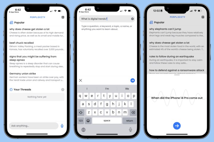 لقطات شاشة لتطبيق Perplexity AI ChatGPT الذي يعمل على iPhone.