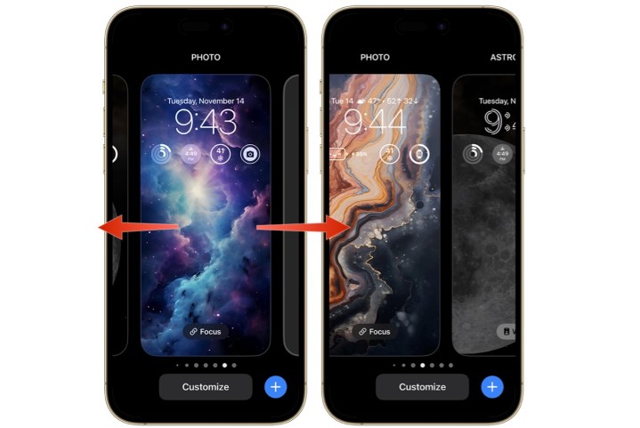 لقطة شاشة توضح كيفية التمرير بين الخلفيات على iPhone.