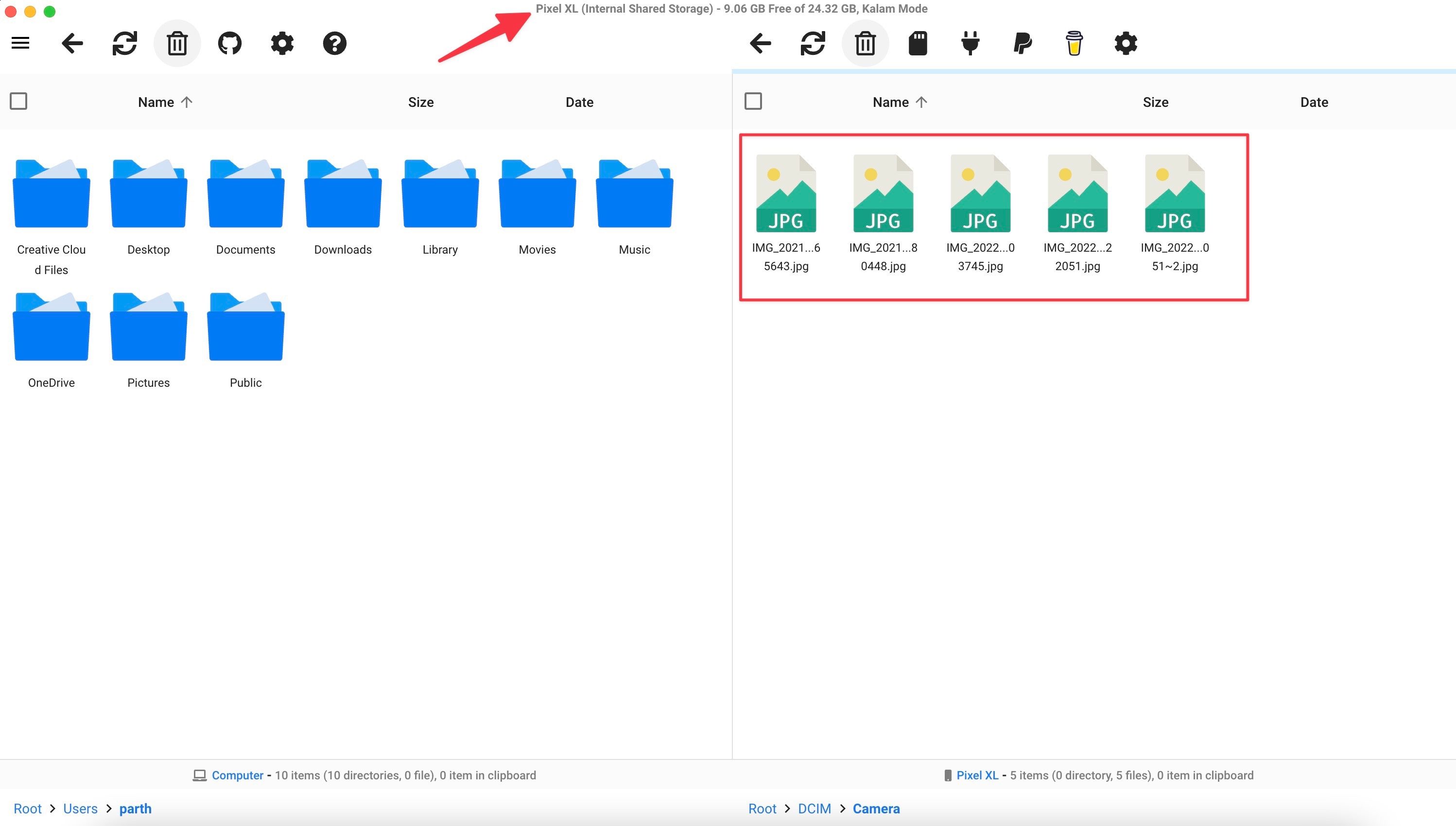 لقطة شاشة لنقل الملفات عبر OpenMTP