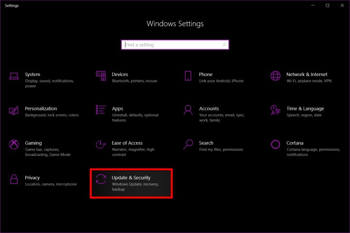 قائمة إعدادات تحديث Windows.