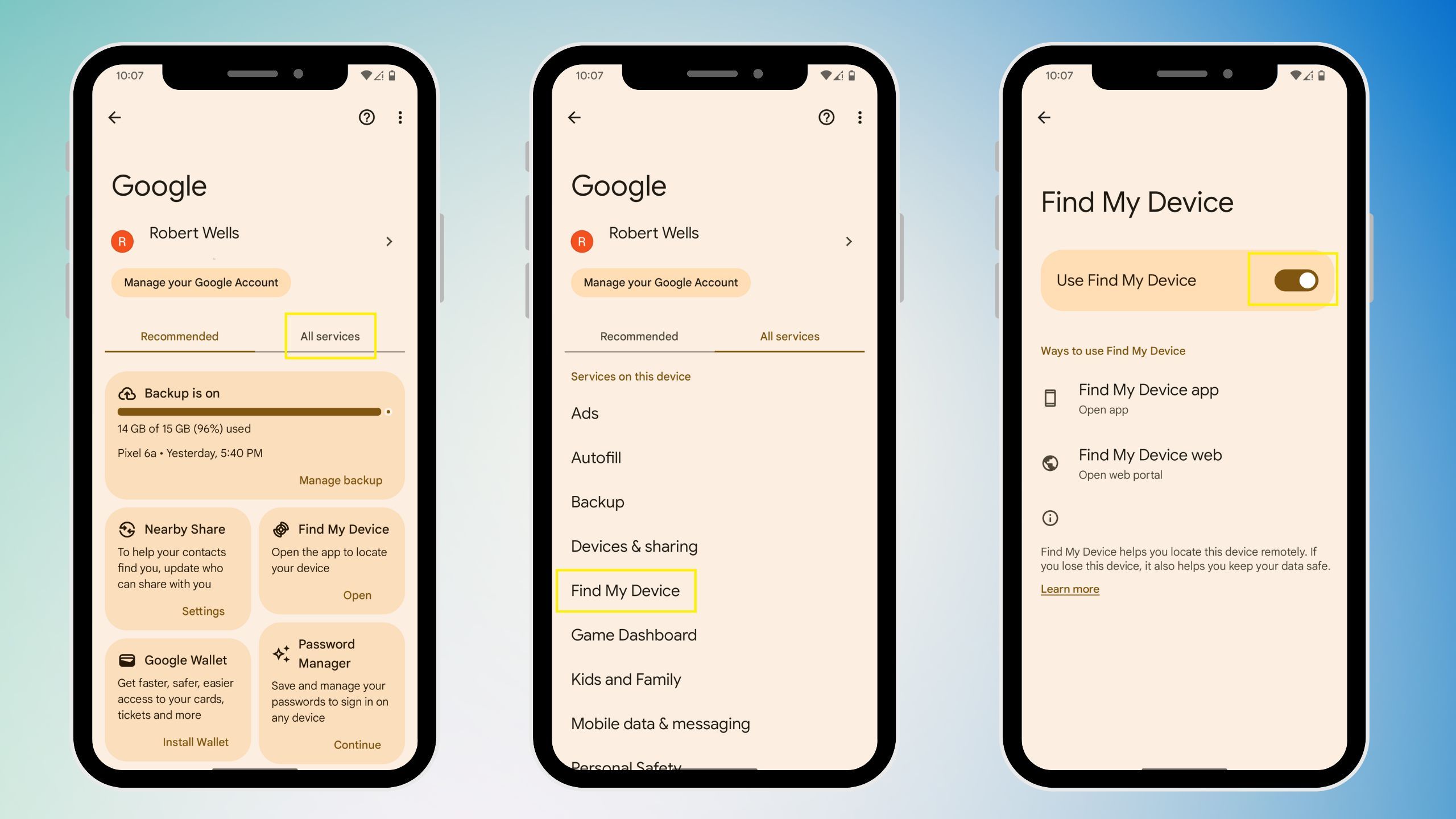 إعدادات البحث عن جهازي في Google